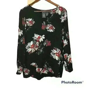 Chelsea‎ & Theodore black floral long sleeve tunic Sz M